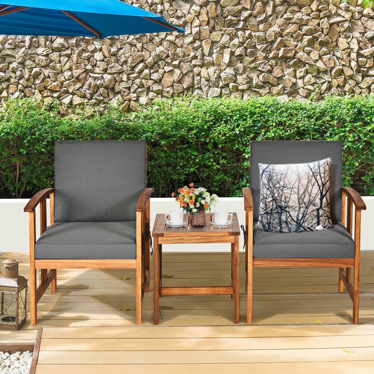 3PC Solid Wood Outdoor Patio Sofa Furniture Set
