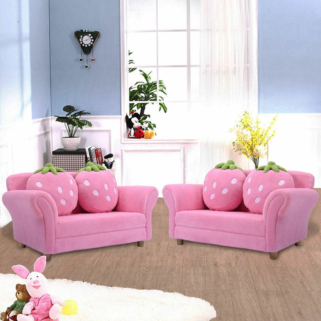 Kids Strawberry Armrest Chair Sofa with 2 Cute Strawberry Pillows-Pink