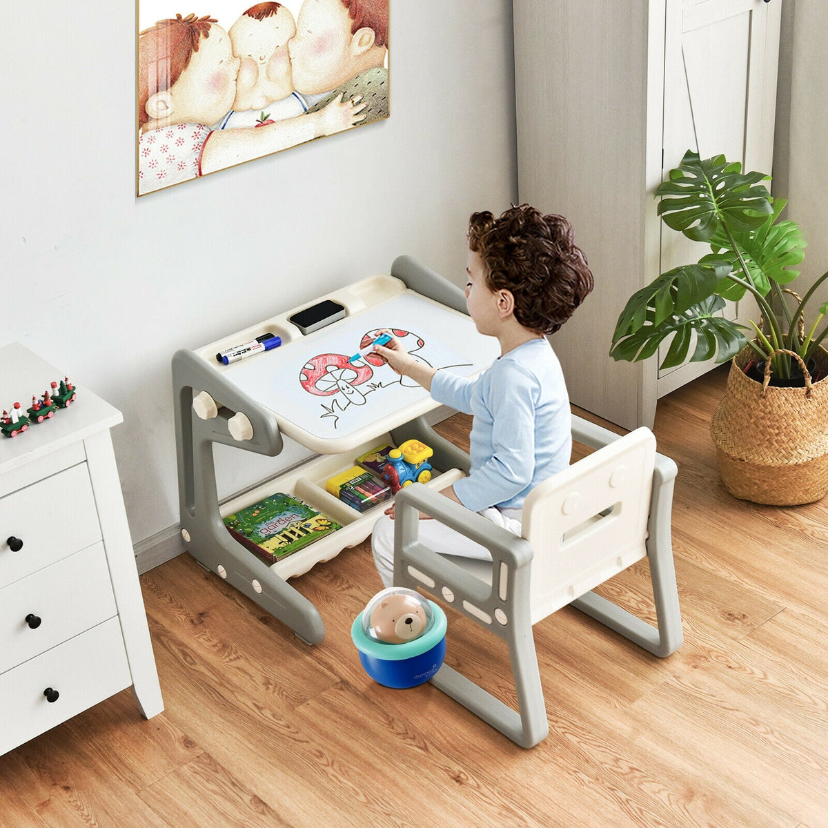 2 in 1 Kids Easel Table and Chair Set with Adjustable Art Painting Board