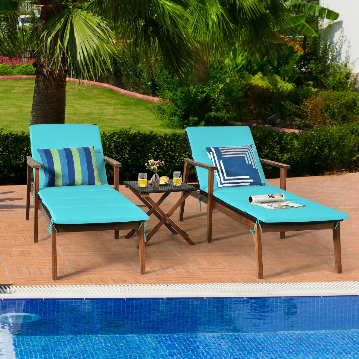 3 Pieces Portable Patio Cushioned Rattan Lounge Chair Set with Folding Table
