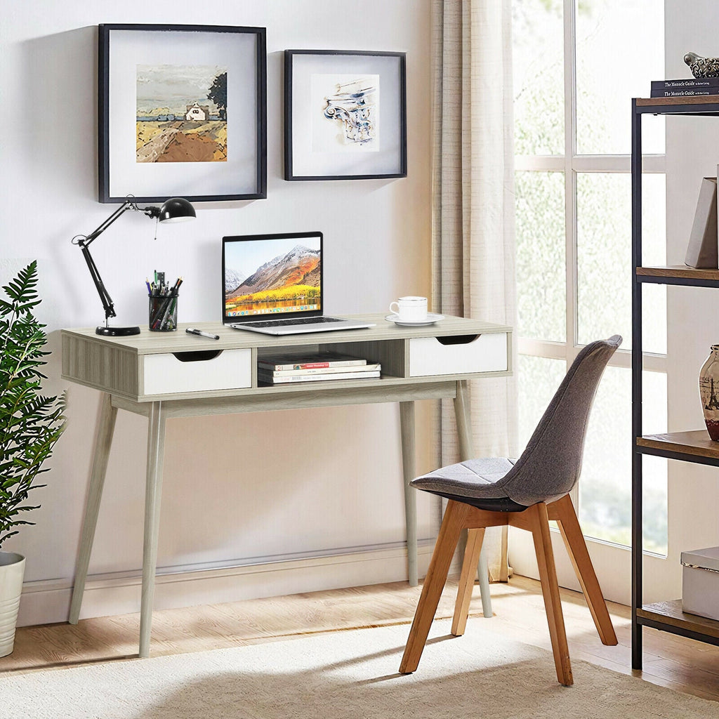 Stylish Computer Desk Workstation with 2 Drawers and Solid Wood Legs