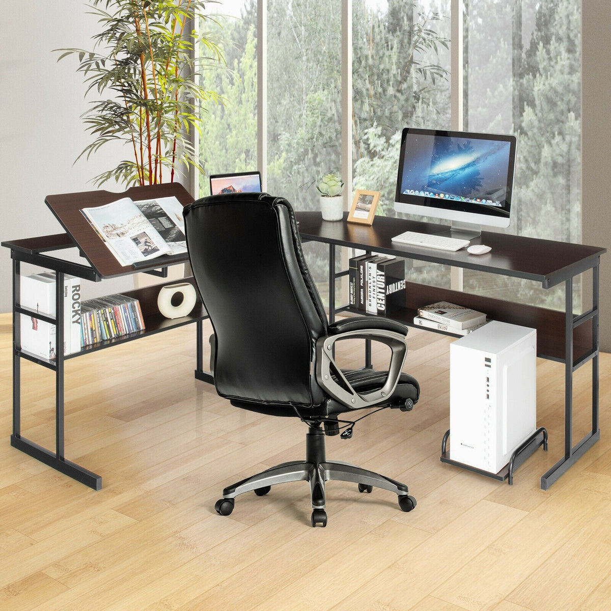 L-Shaped Computer Desk with Tiltable Tabletop