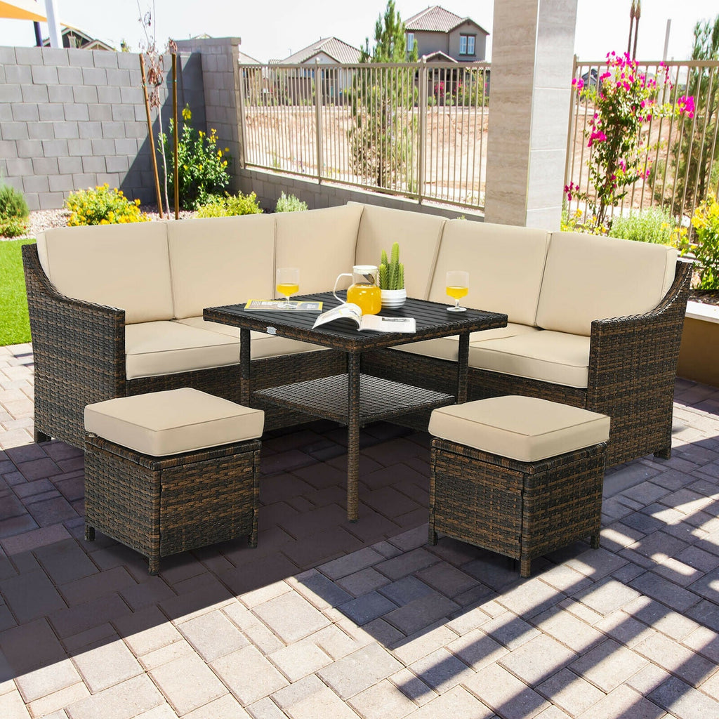 6 Pieces Patio Rattan Dining Sofa Funiture Set