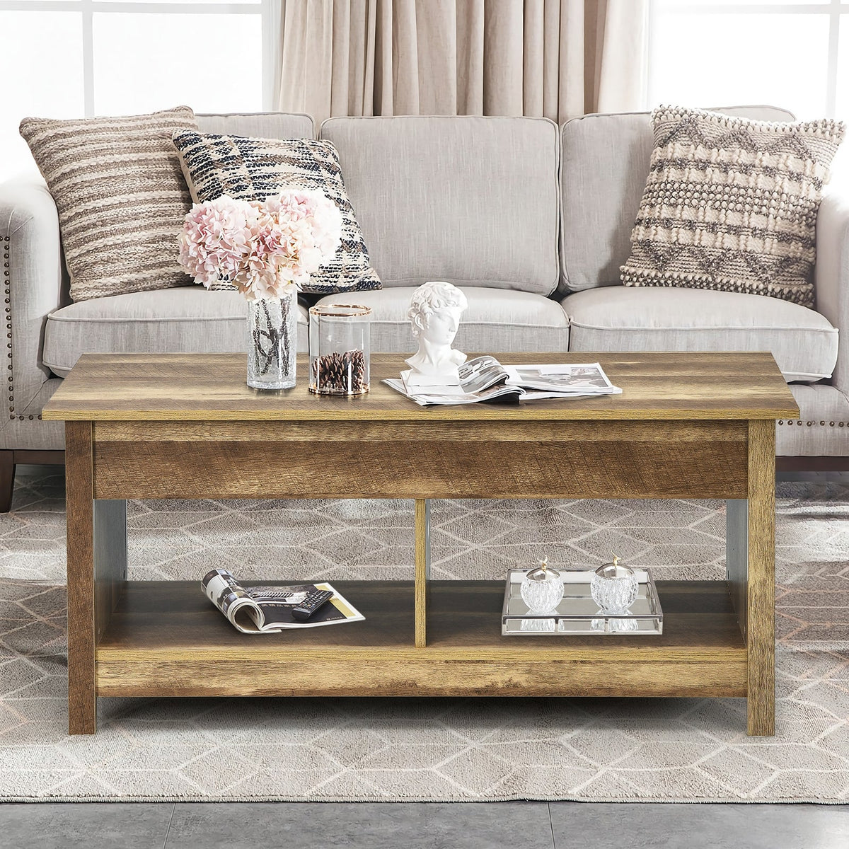 Lift Top Coffee Table with Hidden Storage Compartment and Lower Shelf for Study Room