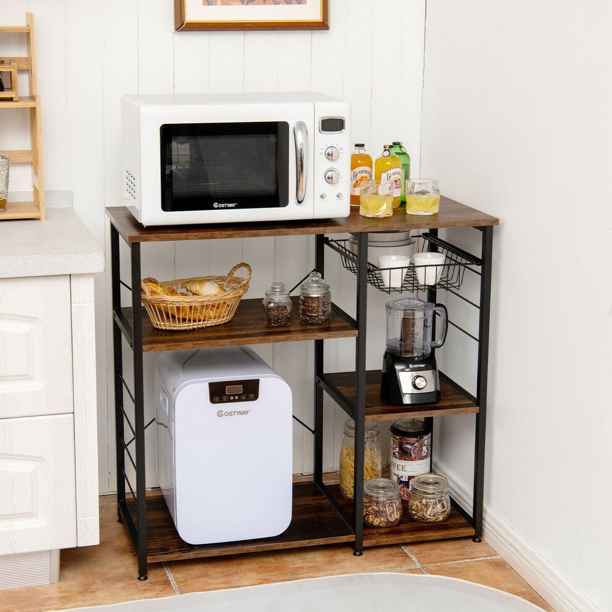Industrial Kitchen Baker's Rack Microwave Shelf with 6 Hooks