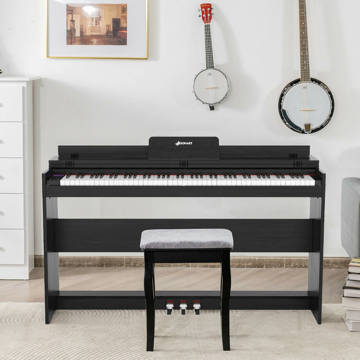 88 Key Full Size Electric Piano Keyboard with Stand 3 Pedals MIDI Function