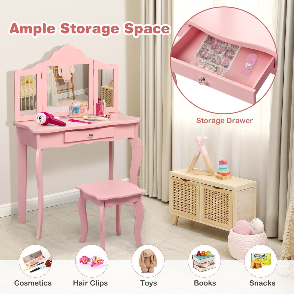 Kids Makeup Dressing Mirror Vanity Table Stool Set
