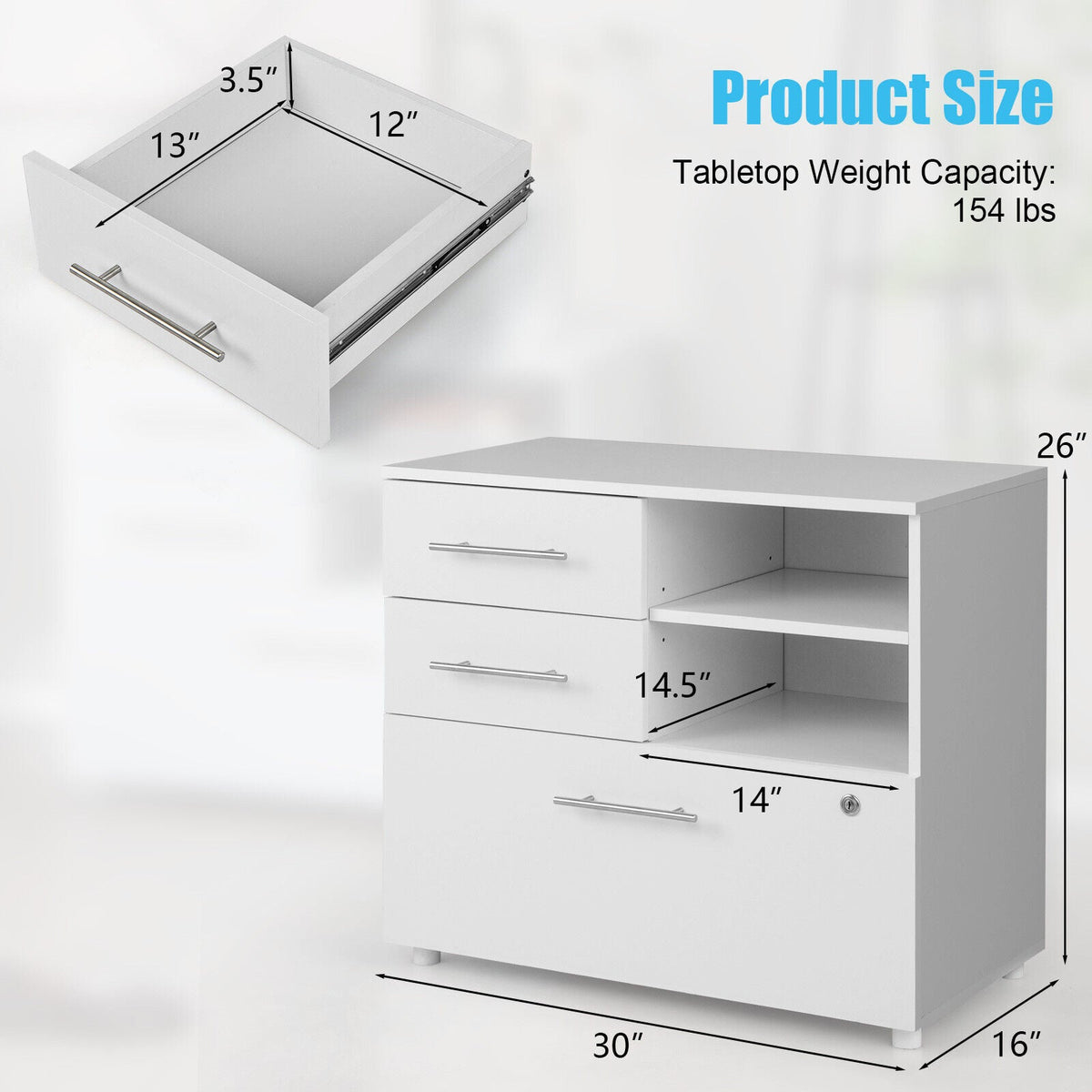 3 Drawer Lateral File Cabinet on Wheels with Storage Shelves