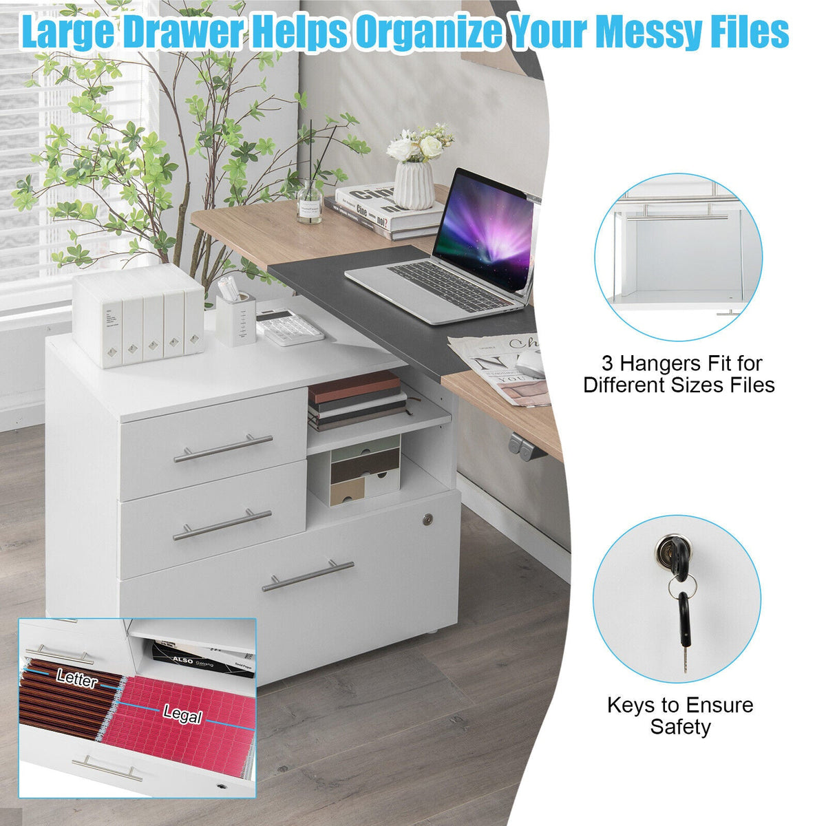 3 Drawer Lateral File Cabinet on Wheels with Storage Shelves
