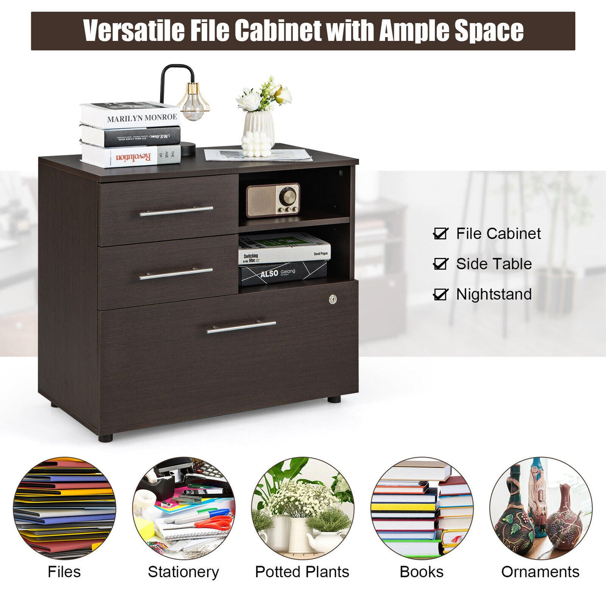 3 Drawer Lateral File Cabinet on Wheels with Storage Shelves
