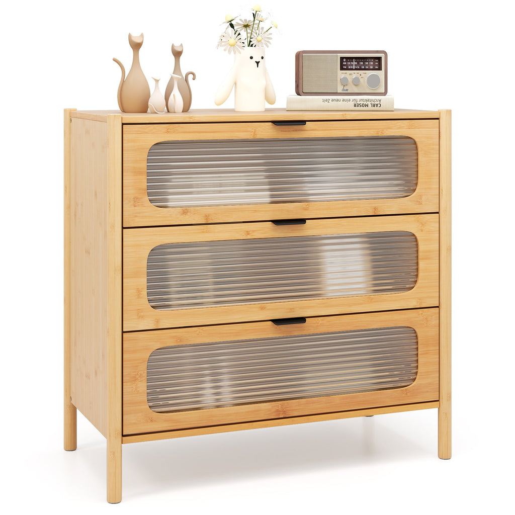 3 Drawer Mid Century Modern Chest of Drawers with Reeded Tempered Glass Front-Natural