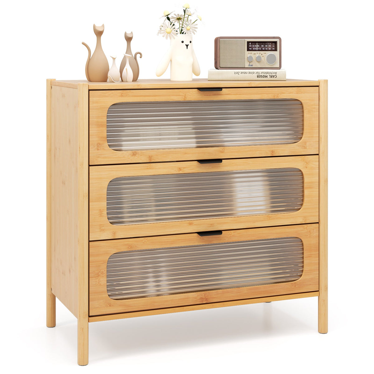 3 Drawer Mid Century Modern Chest of Drawers with Reeded Tempered Glass Front-Natural
