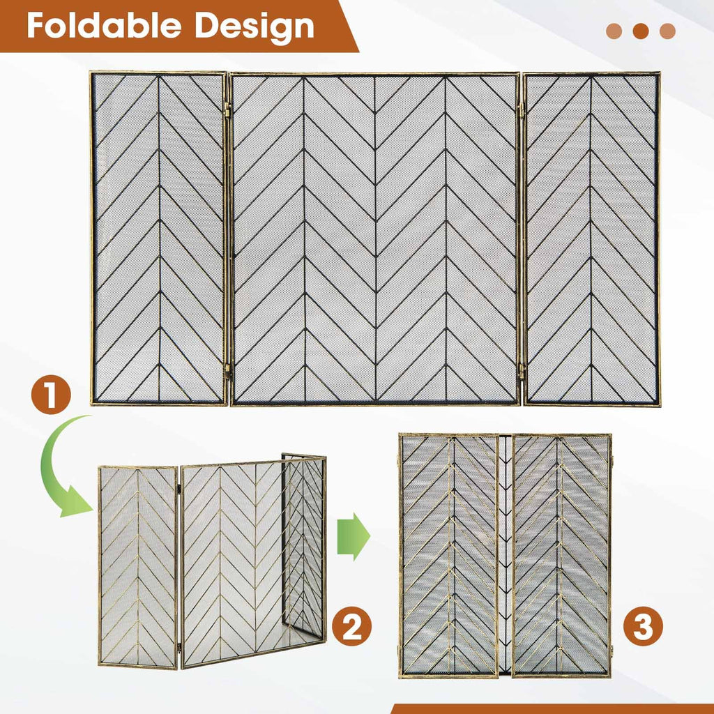 3-Panel Metal Foldable Fireplace Screen with Metal Mesh