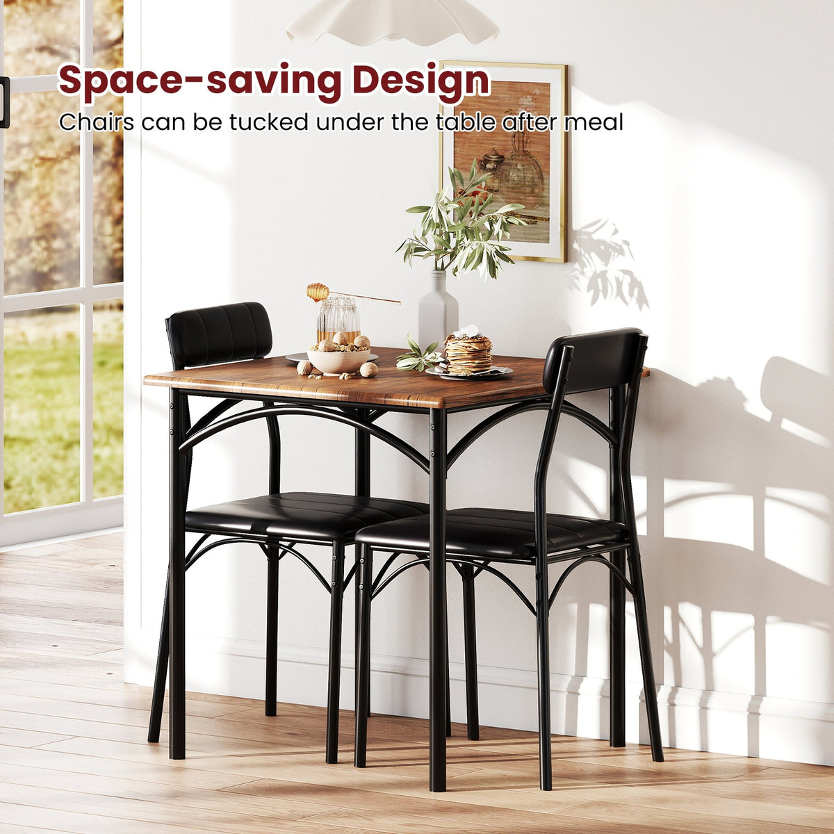 3-Piece Dining Table Set Square Kitchen Table and 2 Chairs for Dining Room-Rustic Brown