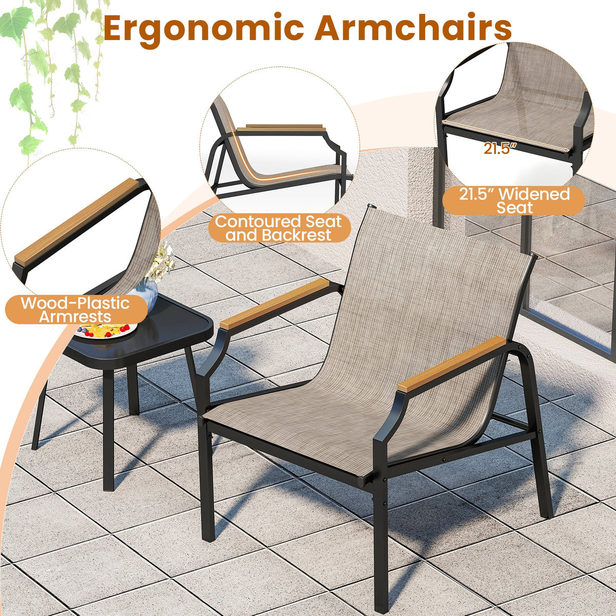 3 Piece Outdoor Chair Set with Breathable Fabric Seat and Armrests-Brown
