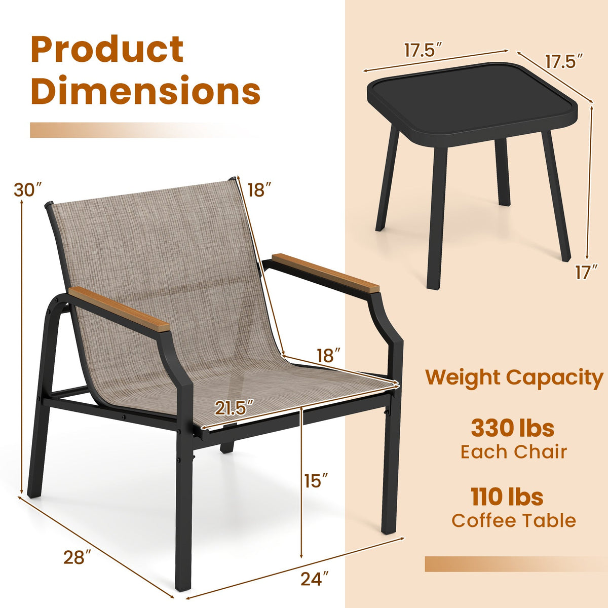 3 Piece Outdoor Chair Set with Breathable Fabric Seat and Armrests-Brown