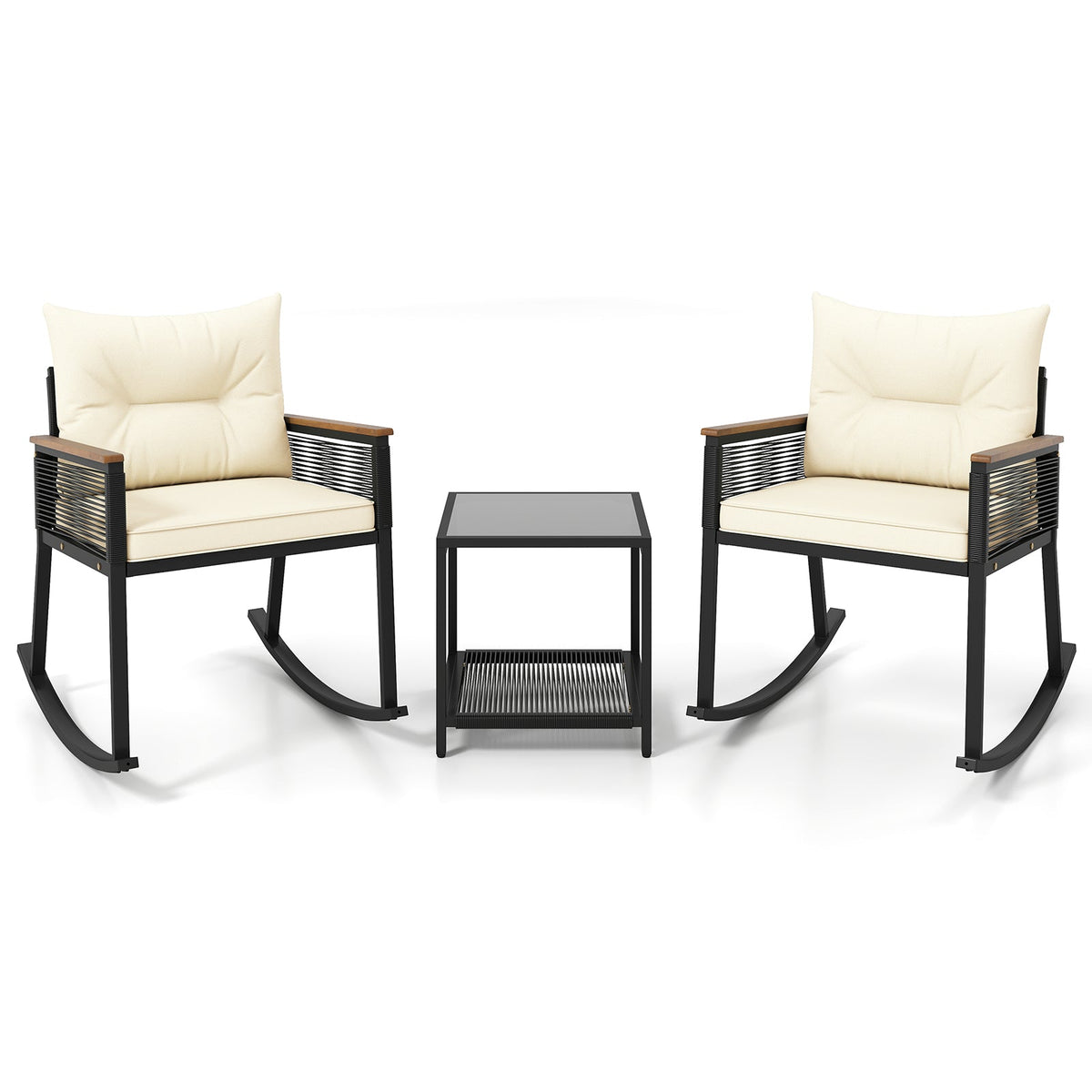 3 Piece Outdoor PE Rattan Rocking Bistro Set with 2-Tier Coffee Table-Black