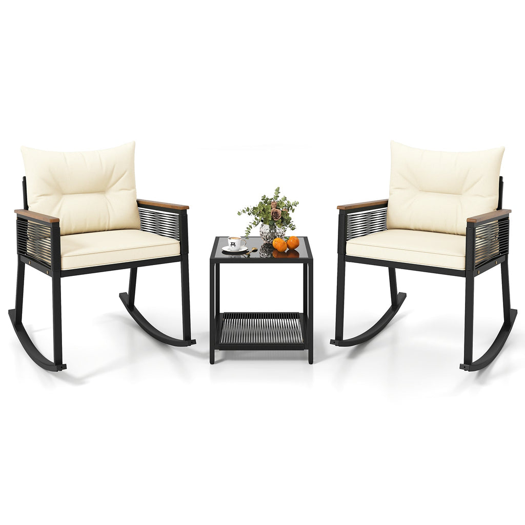 3 Piece Outdoor PE Rattan Rocking Bistro Set with 2-Tier Coffee Table-Black