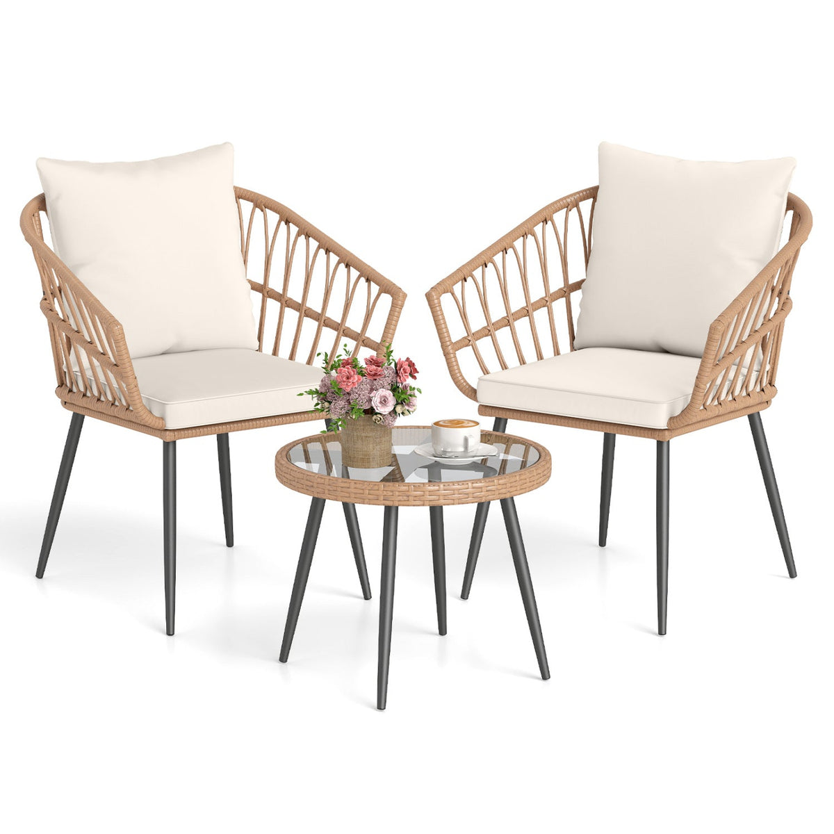 3 Piece Patio Bistro Set with PE Rattan Wicker Chairs and Tempered Glass Coffee Table