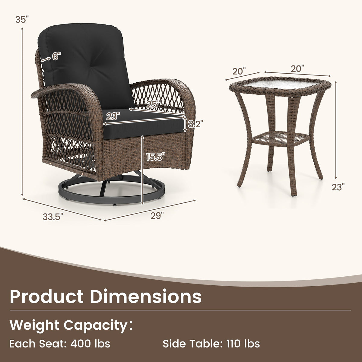 3 Piece Patio Swivel Rocker Set with Tempered Glass Side Table and Thick Cushions