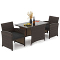 3 Piece Patio Wicker Dining Set with Rectangle Tempered Glass Dining Table-Brown