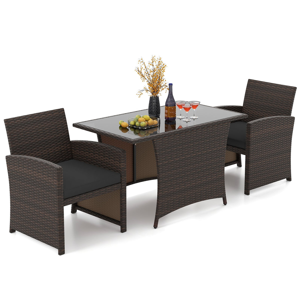 3 Piece Patio Wicker Dining Set with Rectangle Tempered Glass Dining Table-Brown