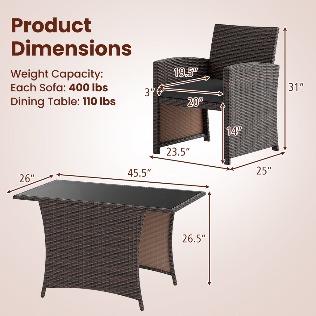 3 Piece Patio Wicker Dining Set with Rectangle Tempered Glass Dining Table-Brown