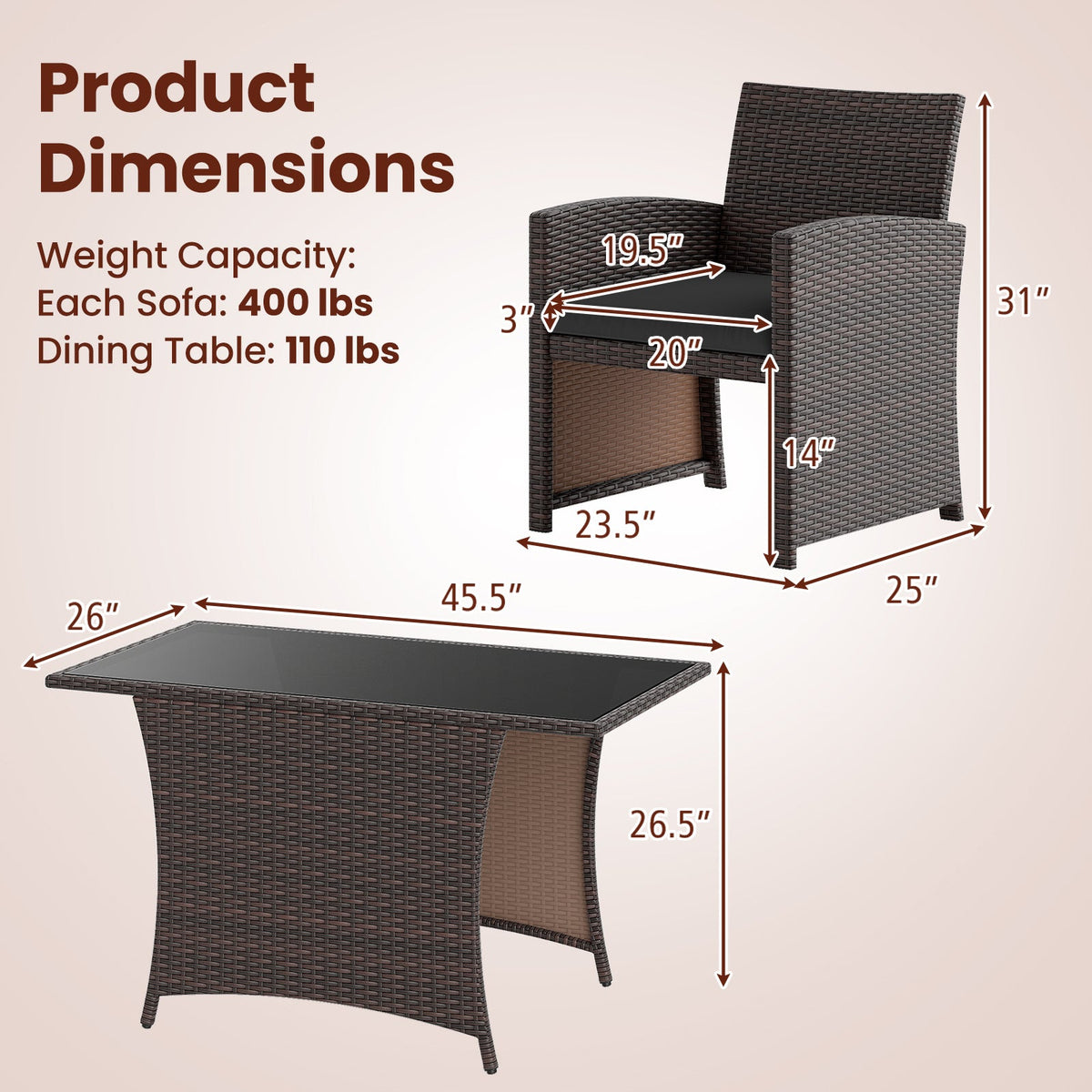 3 Piece Patio Wicker Dining Set with Rectangle Tempered Glass Dining Table-Brown