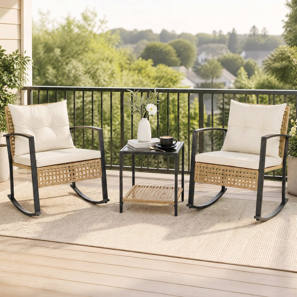 3-Piece Rattan Patio Conversation Set with Rocking Chairs