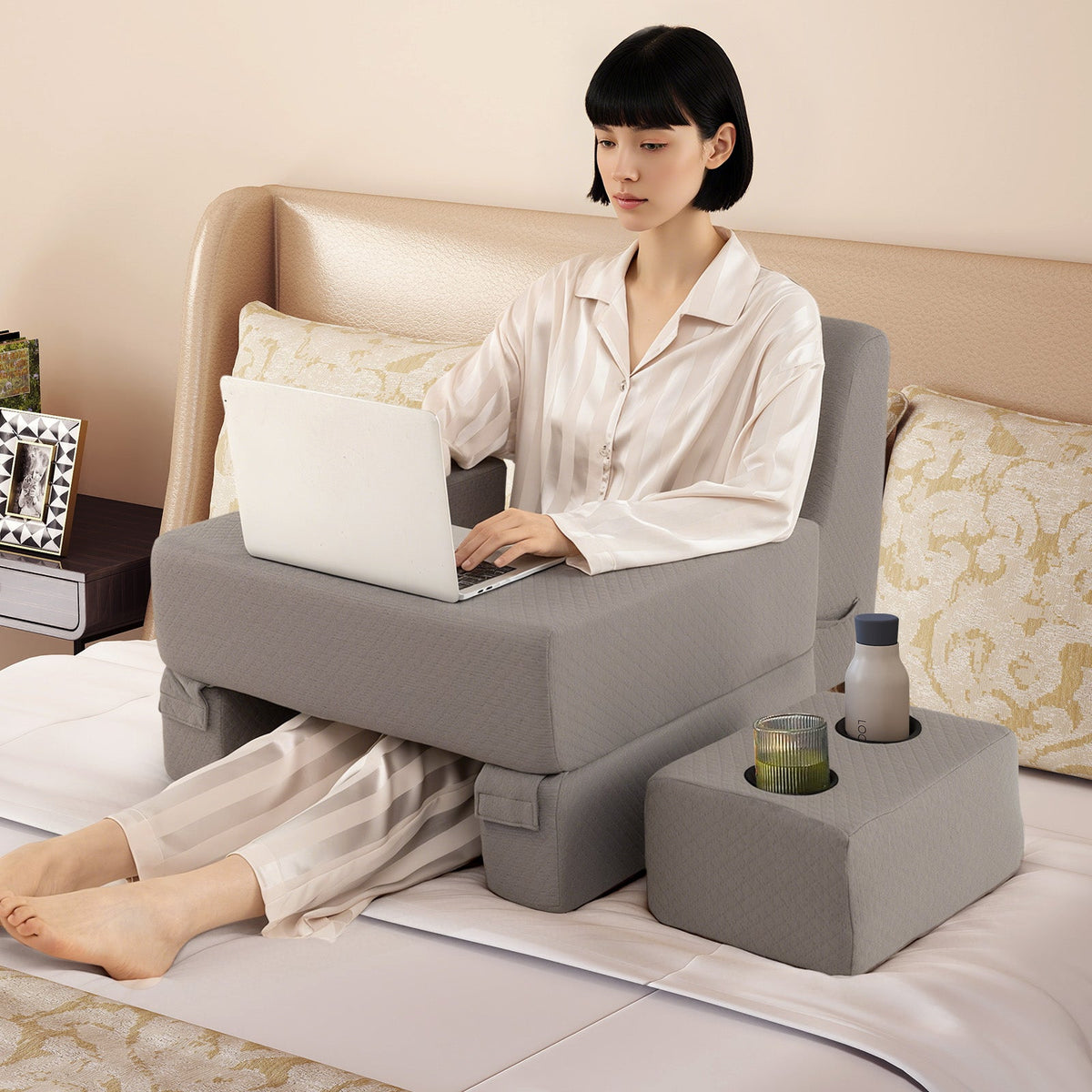3-Piece Reading Pillow Set Extra Large Lap Desk with Coaster-Gray