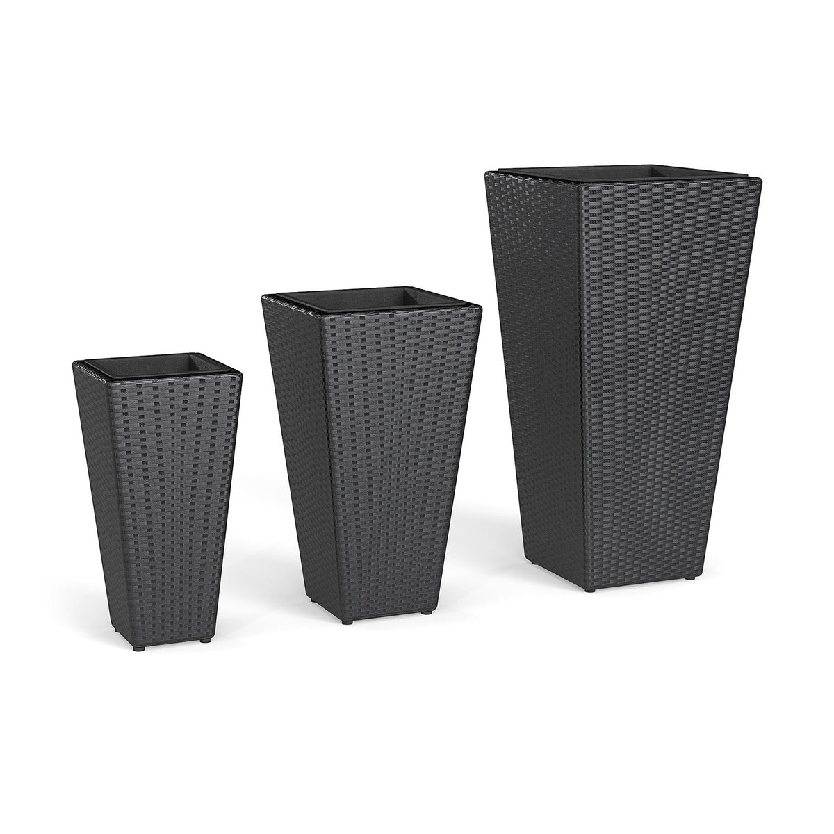 3-Piece Wicker Planters Tapered PP Rattan Plant Boxes with Plastic Flower Pots-Black