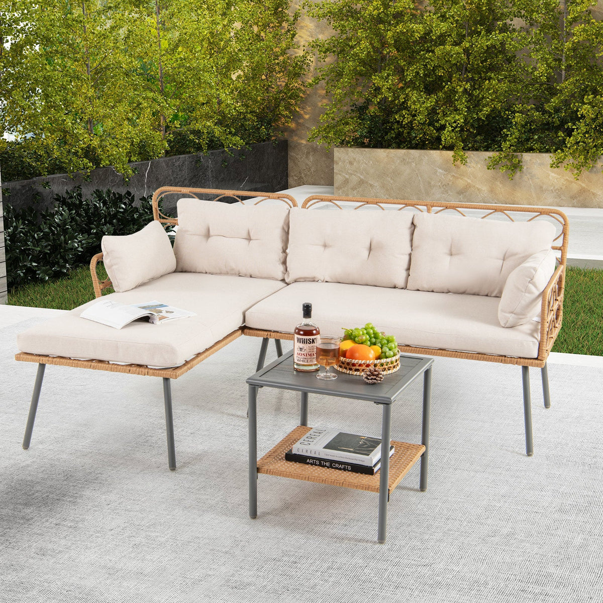 3 Pieces Corner Patio Furniture with Small Coffee Table-Beige