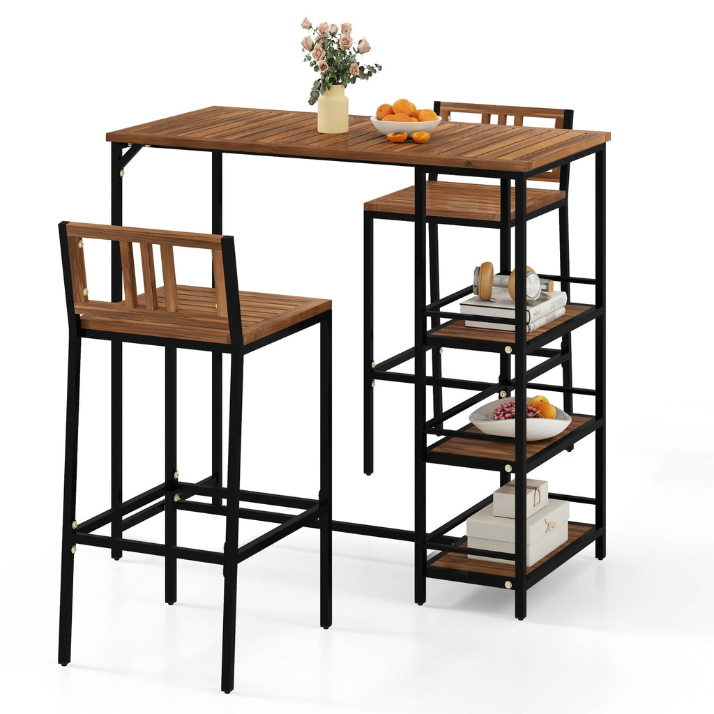 3 Pieces Outdoor Wood Bar Set with 3-Tier Storage Shelf and Metal Frame