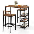 3 Pieces Outdoor Wood Bar Set with 3-Tier Storage Shelf and Metal Frame