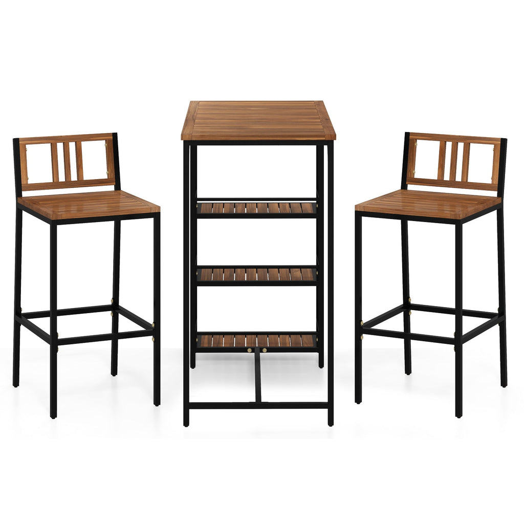 3 Pieces Outdoor Wood Bar Set with 3-Tier Storage Shelf and Metal Frame
