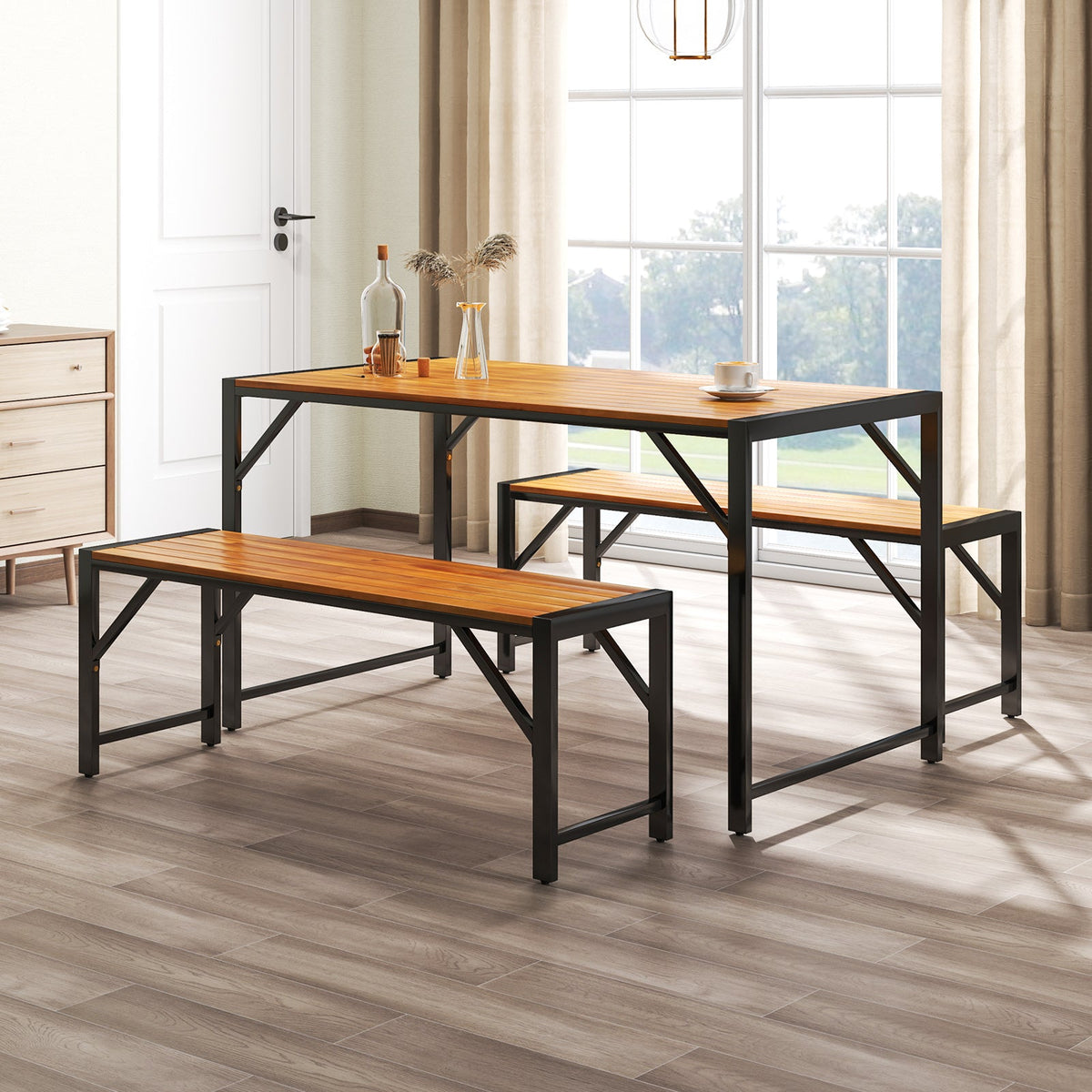 3 Pieces Patio Dining Set with Acacia Wood Dining Table and 2 Benches