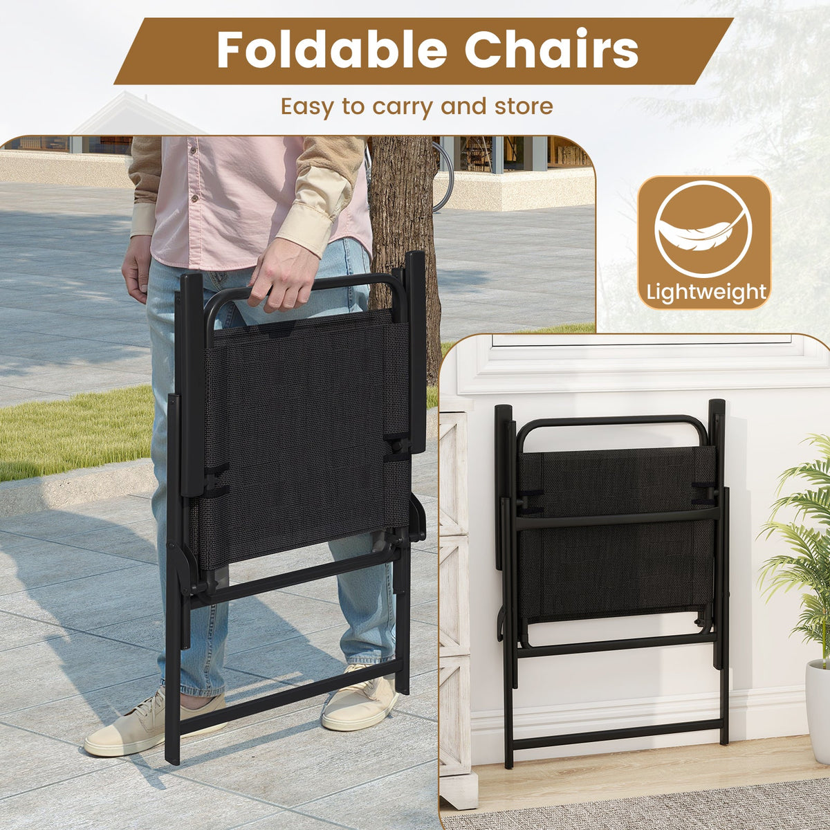 3 Pieces Patio Folding Conversation Chairs and Table-Black