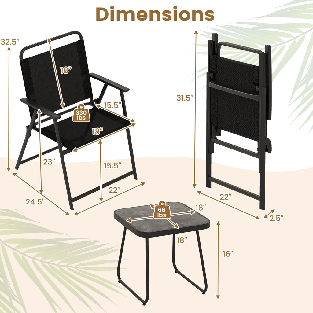 3 Pieces Patio Folding Conversation Chairs and Table-Black