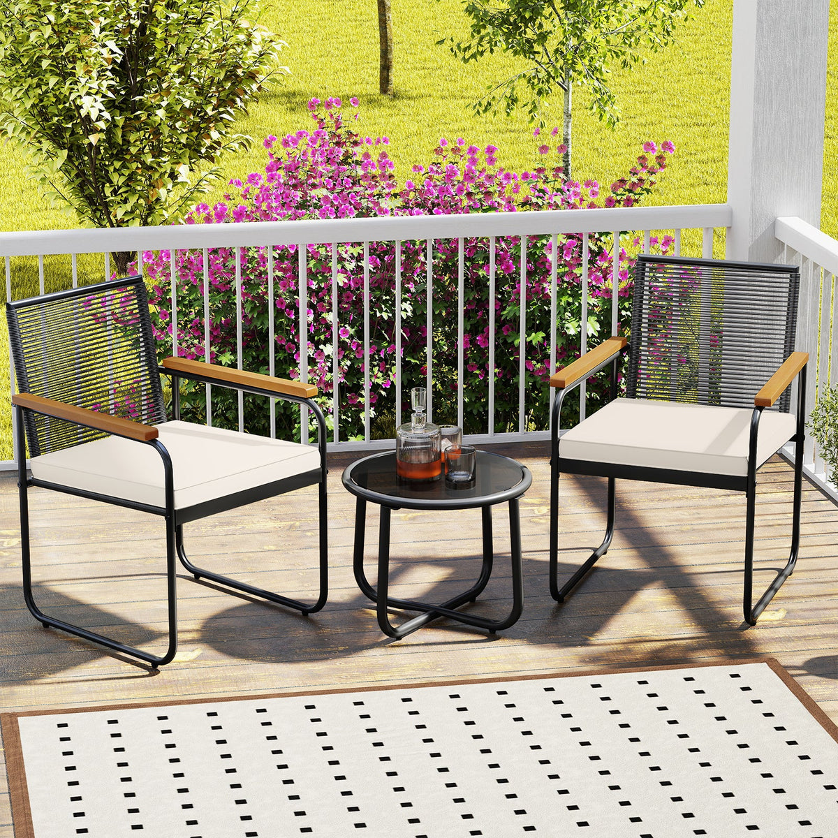 3 Pieces Patio Furniture Set PE Rattan Porch Chairs with Round Tempered Glass Top Table-White