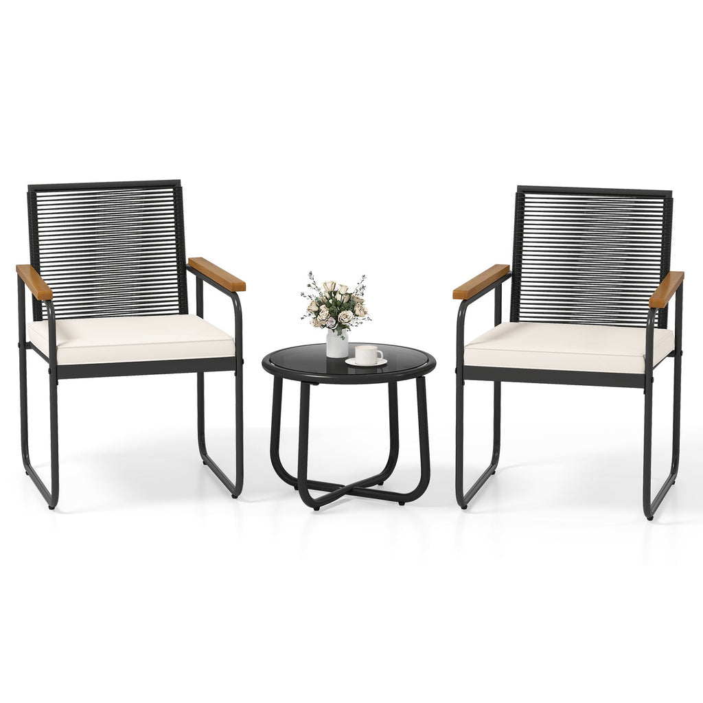 3 Pieces Patio Furniture Set PE Rattan Porch Chairs with Round Tempered Glass Top Table-White