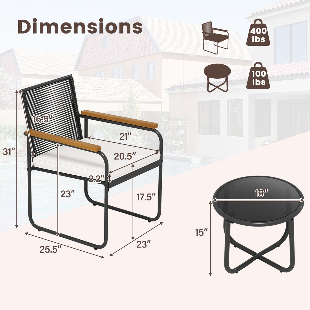 3 Pieces Patio Furniture Set PE Rattan Porch Chairs with Round Tempered Glass Top Table-White