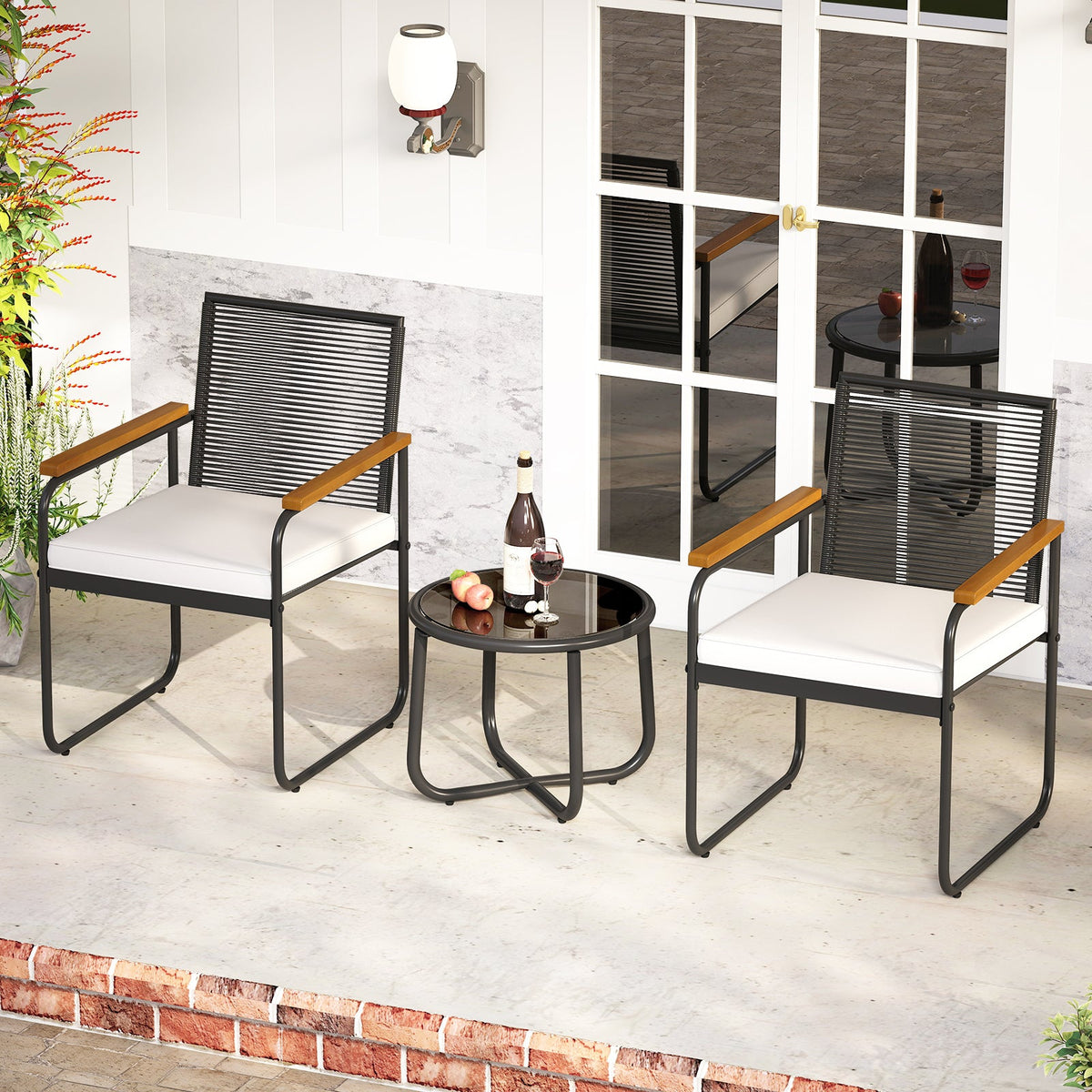 3 Pieces Patio Furniture Set PE Rattan Porch Chairs with Round Tempered Glass Top Table-White