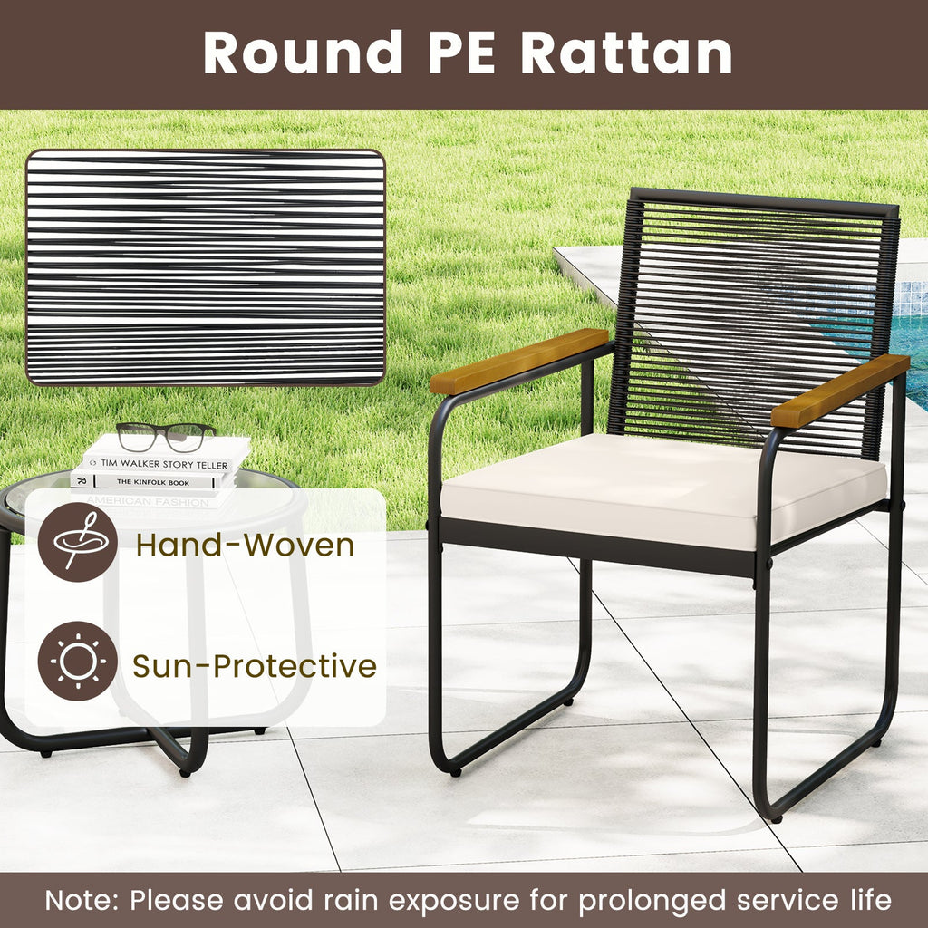 3 Pieces Patio Furniture Set PE Rattan Porch Chairs with Round Tempered Glass Top Table-White