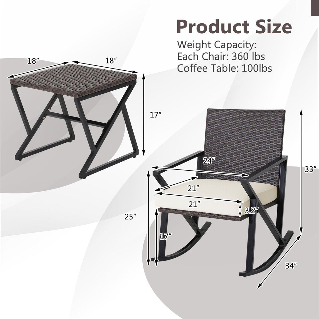 3 Piece Patio Wicker Rocking Chairs Set with Heavy-Duty Metal Frame