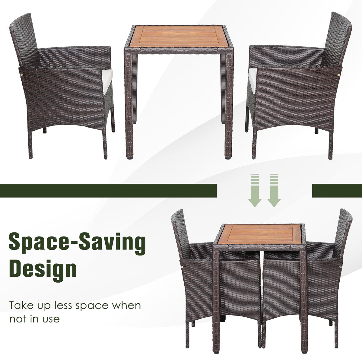 3 Pieces Patio Wicker Furniture Set wih Acacia Wood Table Top and Chair Cushiones