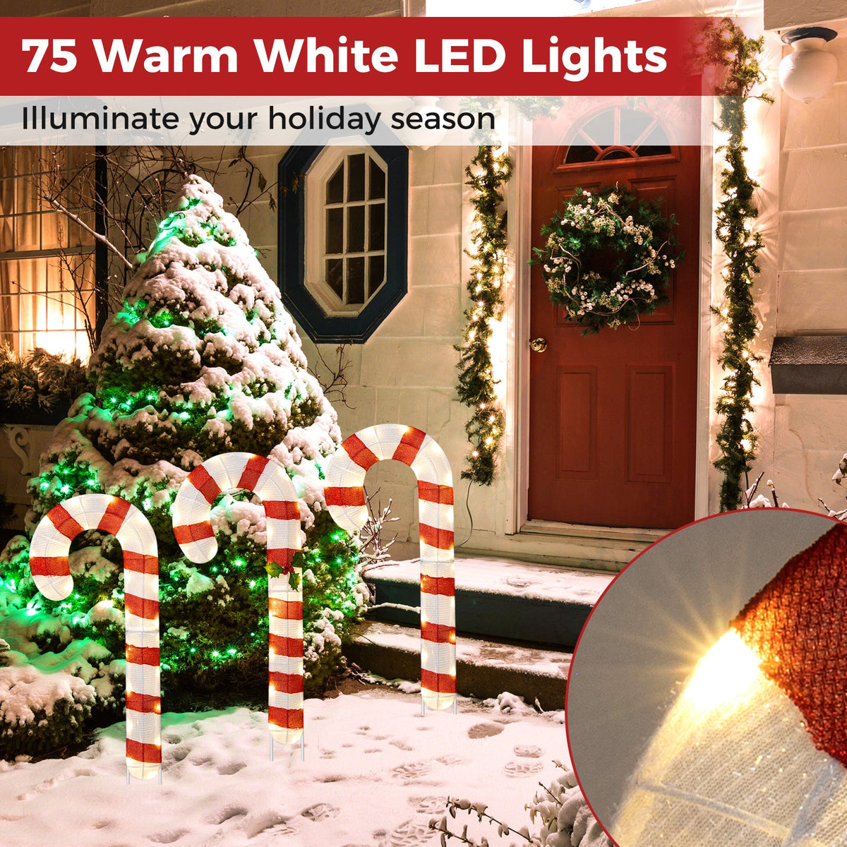 3 Pieces Pre-Lit Candy Canes with 75 LED Lights and Ground Stakes