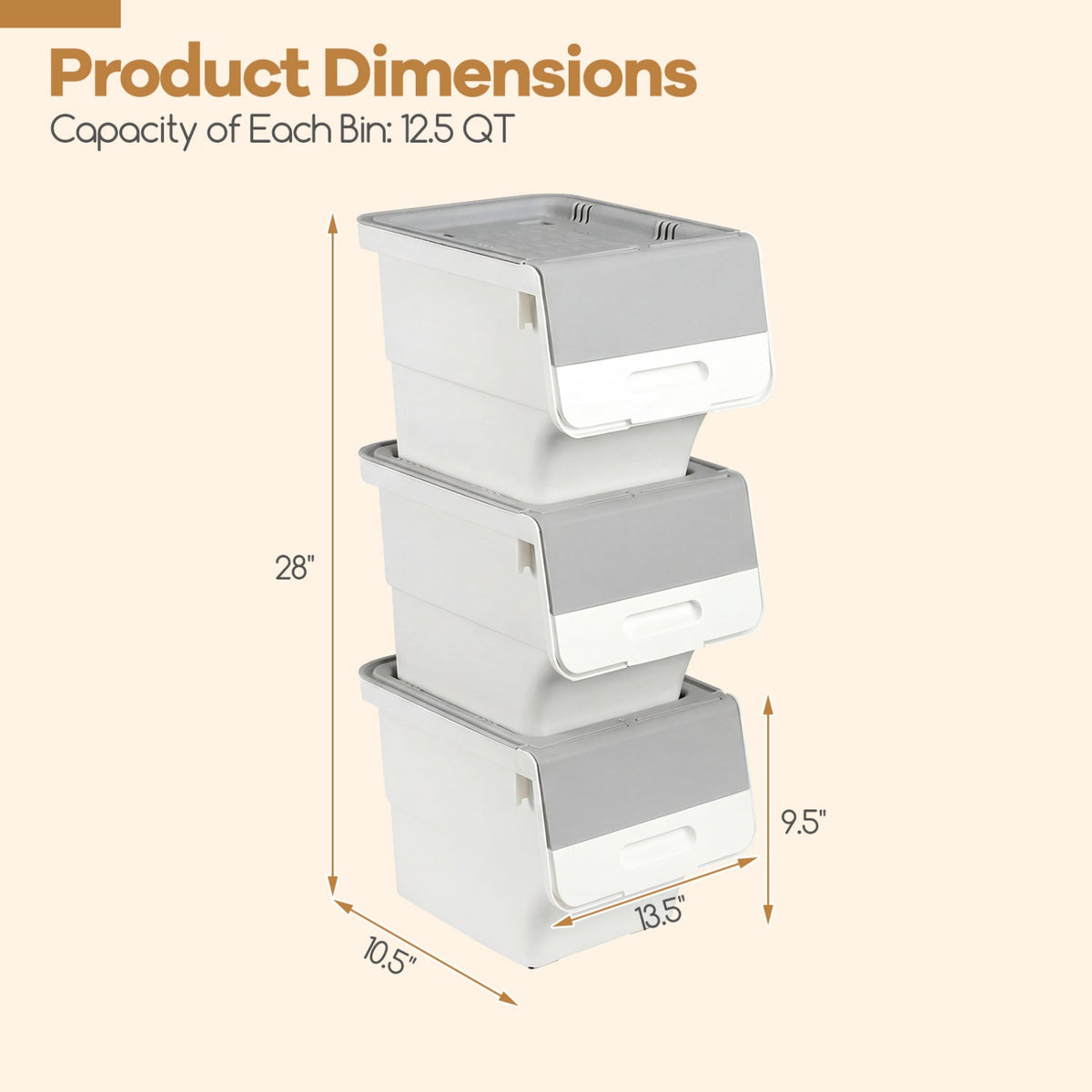 3 Pieces Storage Bins on Wheels Stackable Plastic Boxes with Stay-Open Lid (S)