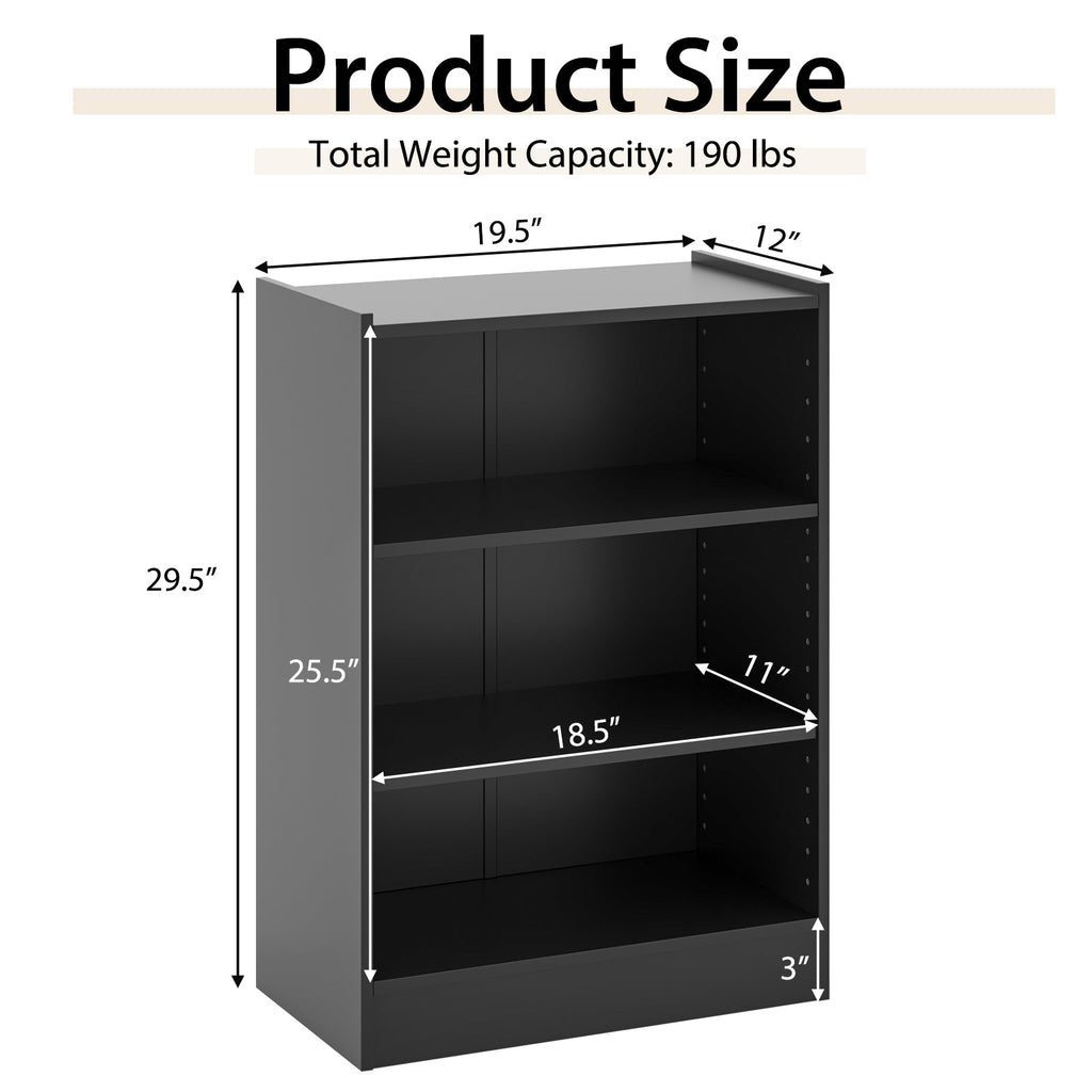 3-Tier Bookcase Open Display Rack Cabinet with Adjustable Shelves