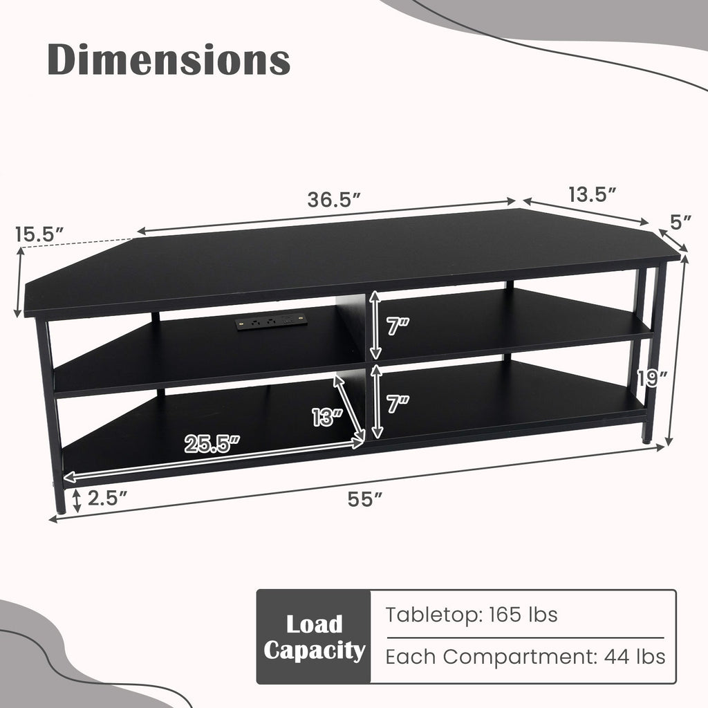 3-Tier Corner TV Stand for TVs up to 65 Inches with Charging Station