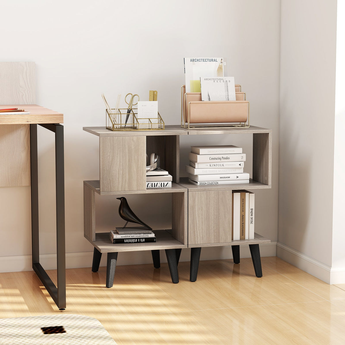 3-Tier Geometric Bookshelf Set of 2 with Open Storage Shelves